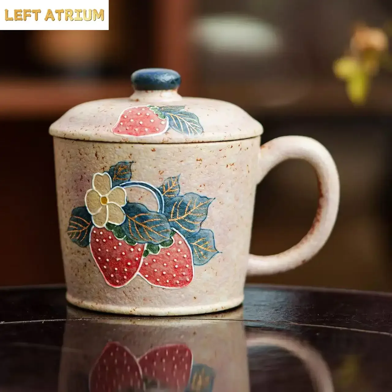 230ML Flint Red Plum Powder Ceramic TeaCup Hand-painted Strawberry TeaCup Household Tea Set Coffee Cup Tea Ceremony Decoration