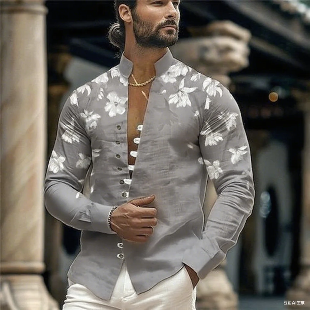 

New men's shirt long-sleeved shirt 3D printing flower pattern long-sleeved standing clothing fashion casual XS-6XL soft fabric