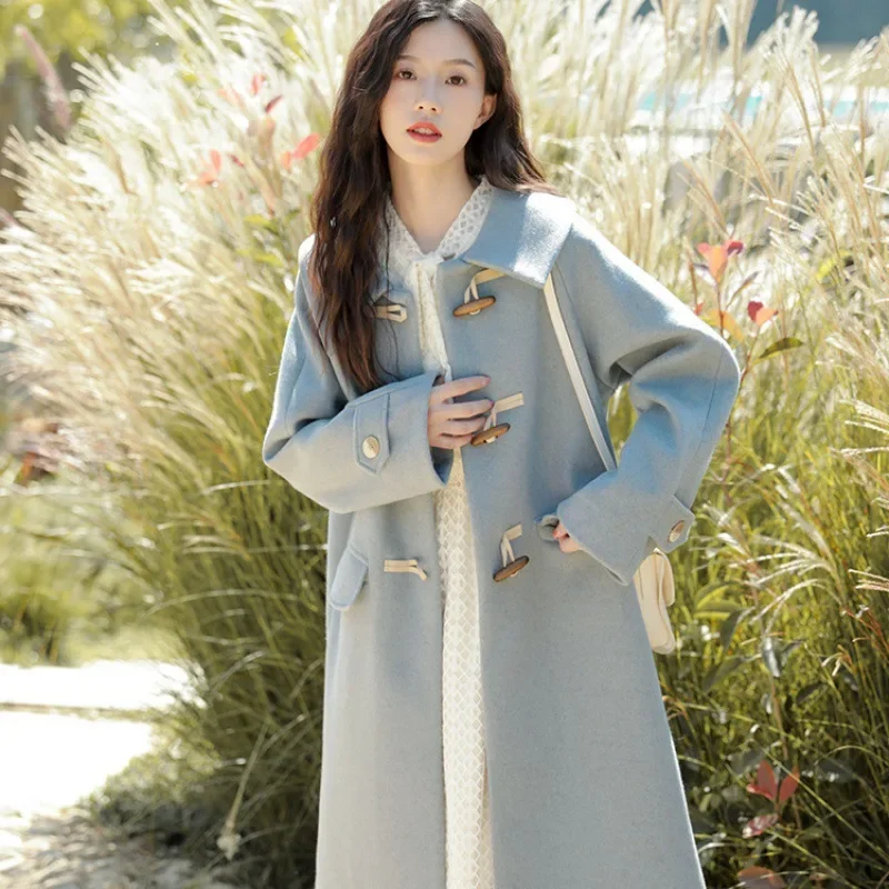 

new college style light blue woolen coat women's autumn and winter horn buckle high-end medium and long woolen coat