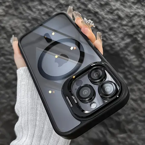 Transparency Acrylic Magnetic Phone Case for IPhone 17 Air 16 15 13 12 11 Pro Max 14 Plus Metal Camera Lens Holder Bracket Cover