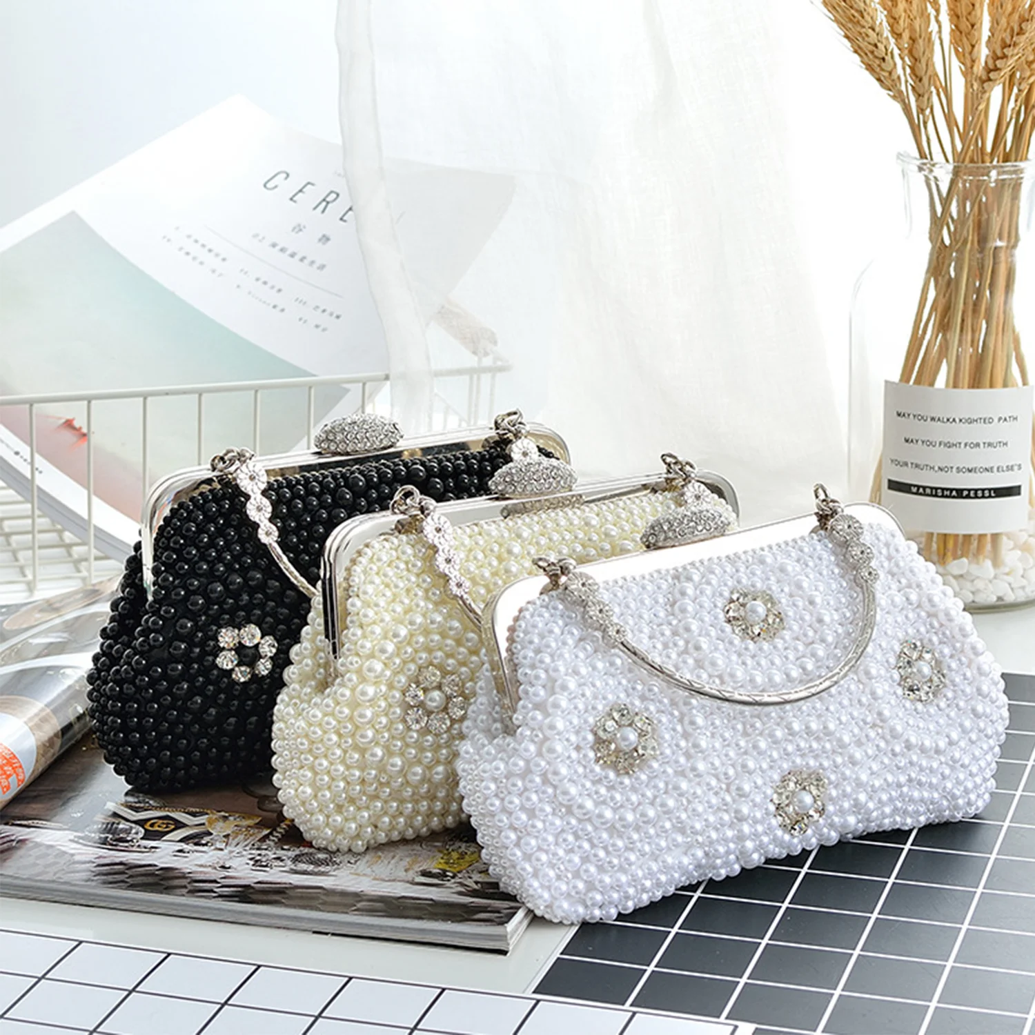 Formal Diamond Pearl Adornments Ladies Clutch Bags One Shoulder Handbag Wedding Bridal Prom Evening Party Bling Purse Cross Body