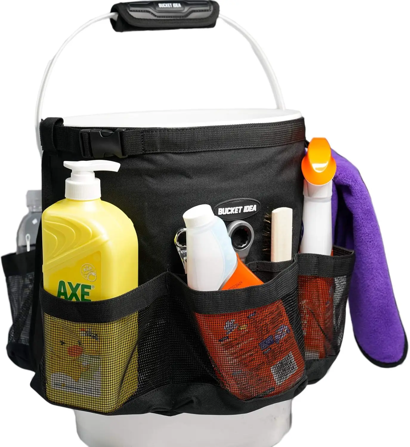 

Водонепроницаемый органайзер для ведер с сетчатыми карманами для инструментов для мойки автомобилей и уборки сада, подходит для ведер объемом от 3,5 до 5 галлонов, черный цвет