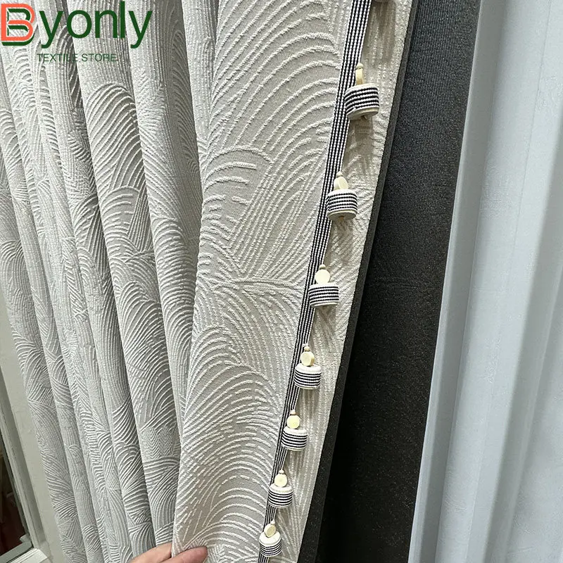 Chinese Style Gray White Jacquard Chenille Blackout Relief Curtains for For Living Room, Bedroom, Floor To Ceiling Customization