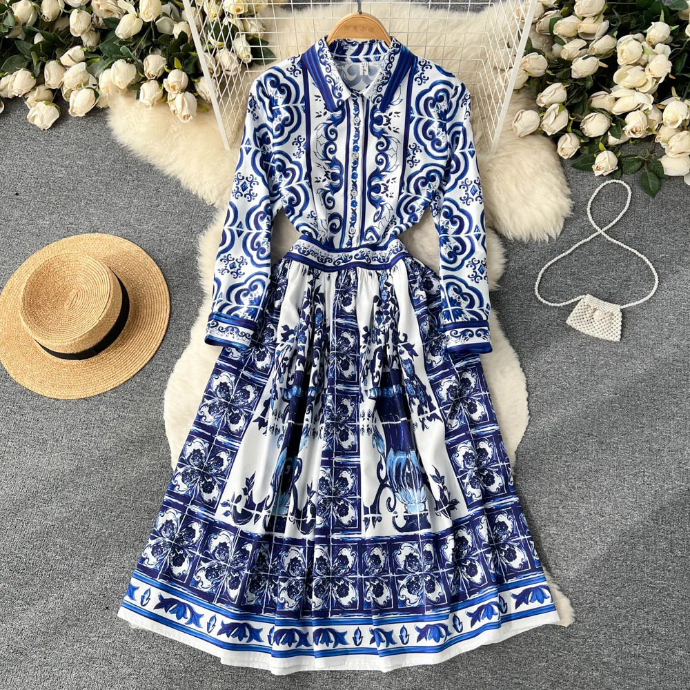 

Autumn Runway Vintage Floral Print Midi Dress Women's Turn Down Neck Long Sleeve High Street Casual Party A-Line Shirt Dress