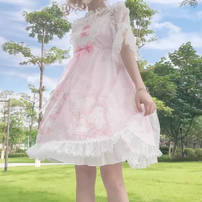 Sute kreskówka króliczek sukienka w stylu Lolita kobiety japońska moda ruffles bez rękawów śliczna kokardka koronkowa sukienka dziewczyna gotycka sukienka na imprezę Y2K