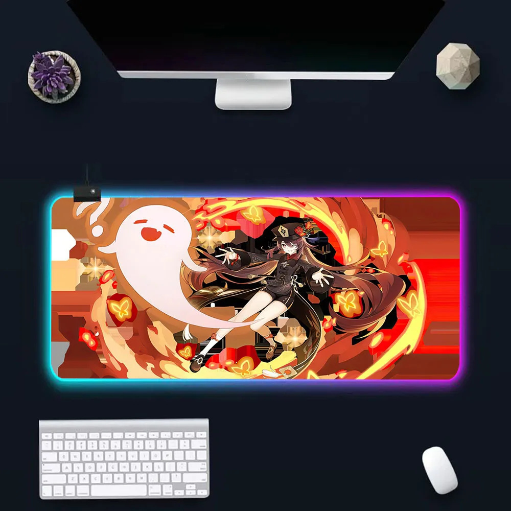 Genshin Impact Hu Tao RGB Pc Gamer Keyboard Mouse Pad Mousepad LED Glowing Mouse Mats Rubber Gaming Computer Mausepad