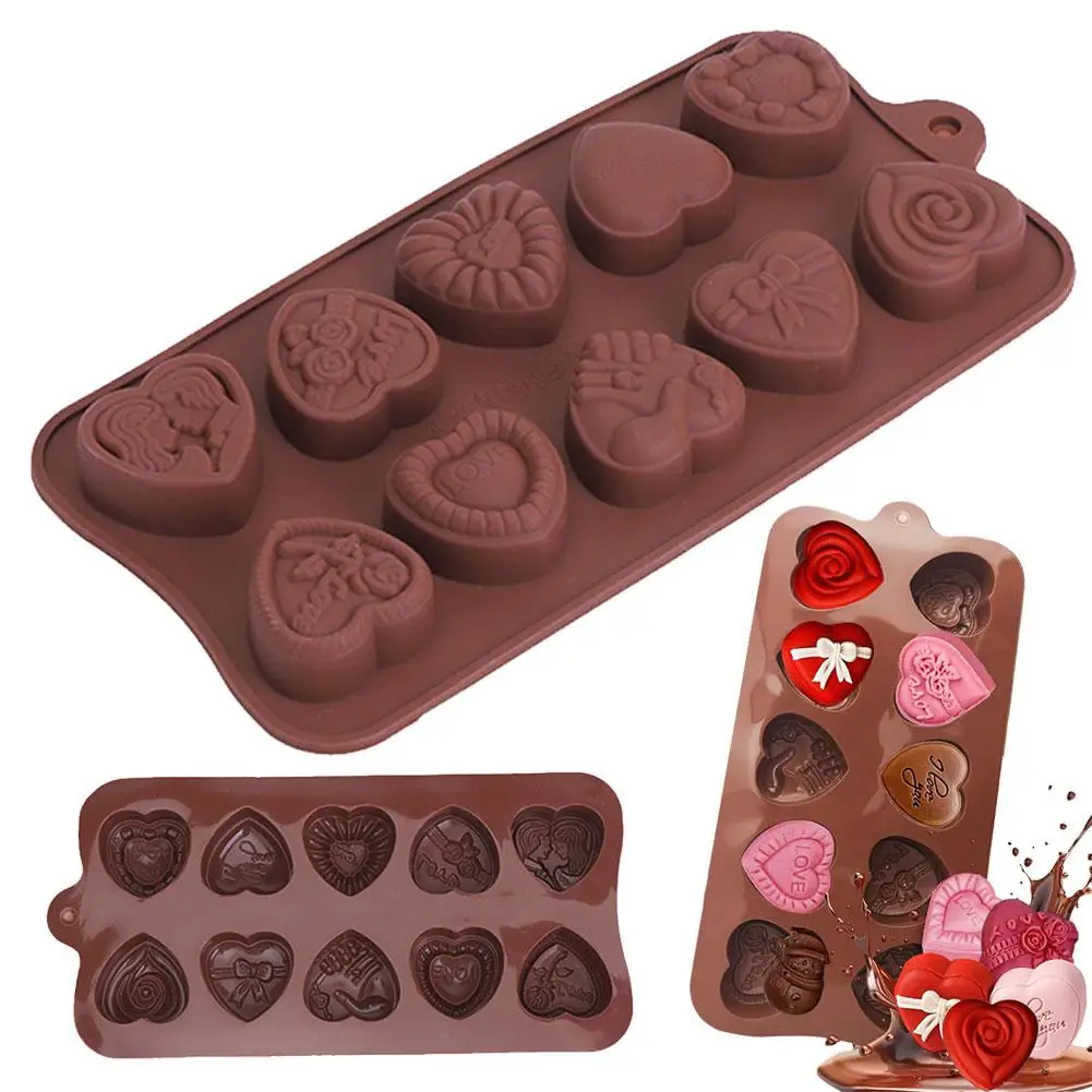 1/2pcs Cake Silicone Mold 10holes Heart Love Rose Chocolate Making Molds Tray For DIY Valentine's Day Chocolate Candy Bakin C0G9