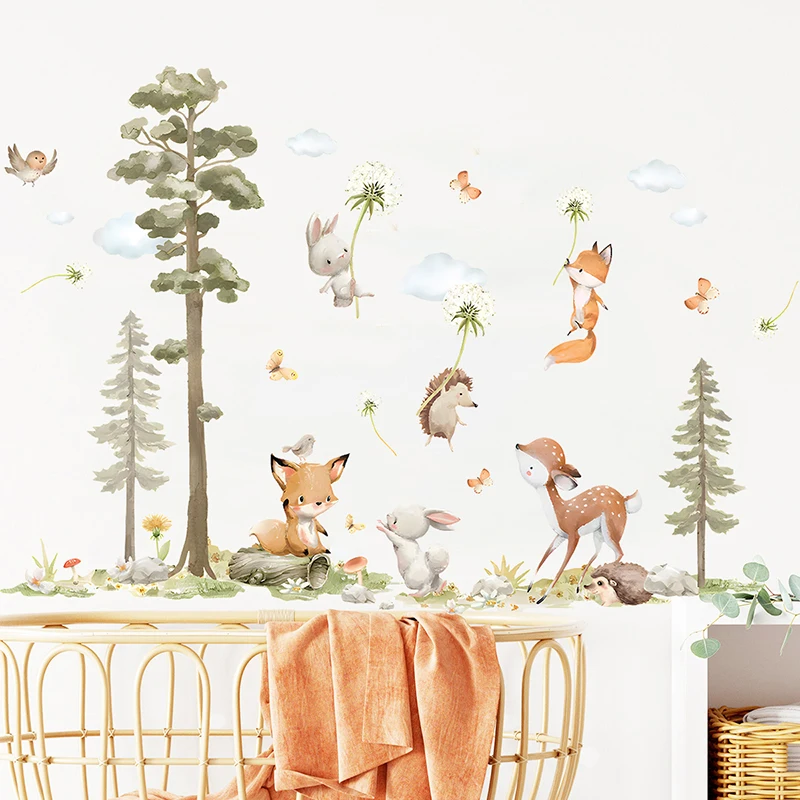 

Jungle Cute Fox Hedgehog Rabbit Animals Wall Sticker Self-adhesive Forest Tree Wall Decals for Living Room Children's Room Decor