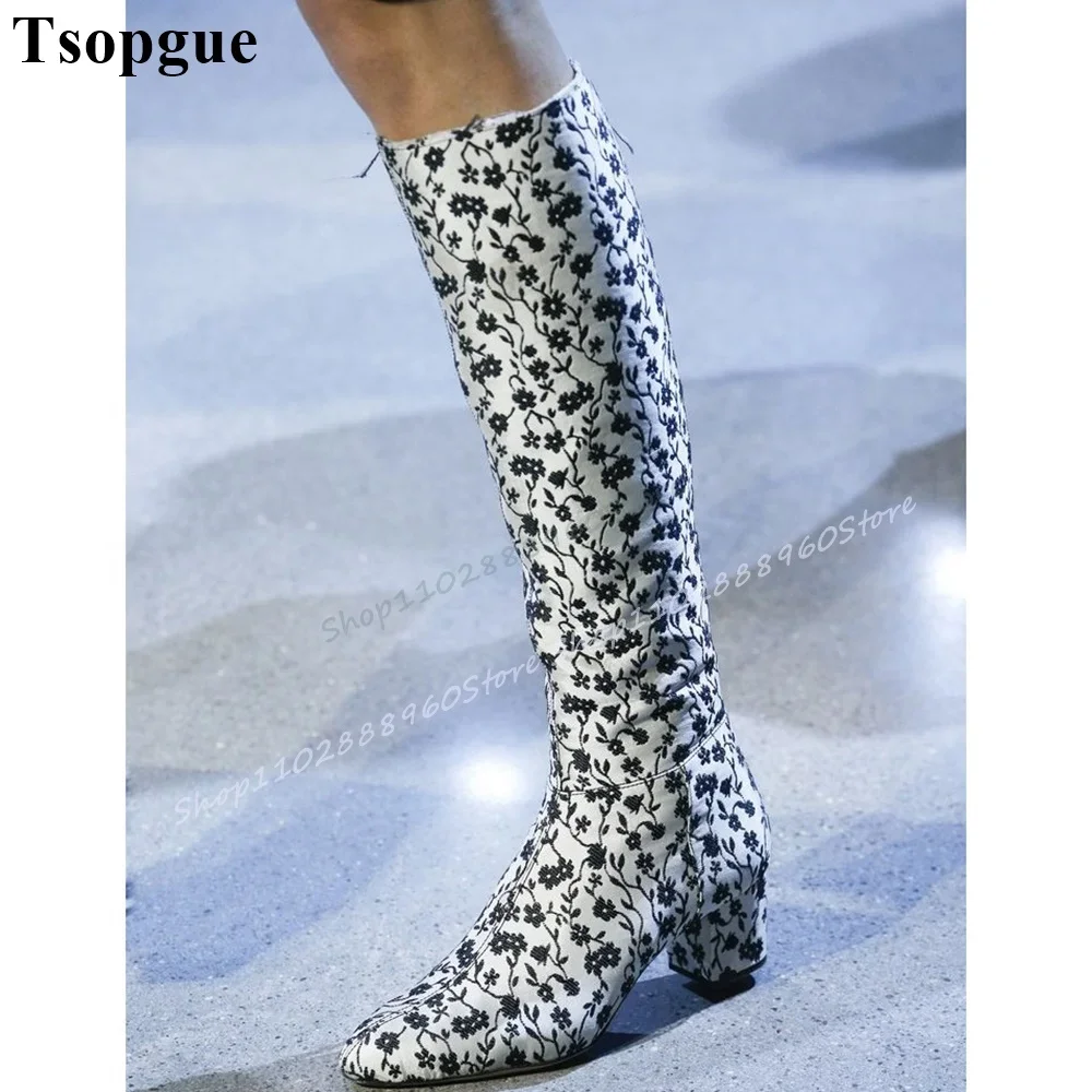 

Trending Knee High Slim Flower Print Boots Thick Heel Shoes For Women Side Zipper Pointed Toe 2025 Fashion Zapatos Para Mujere