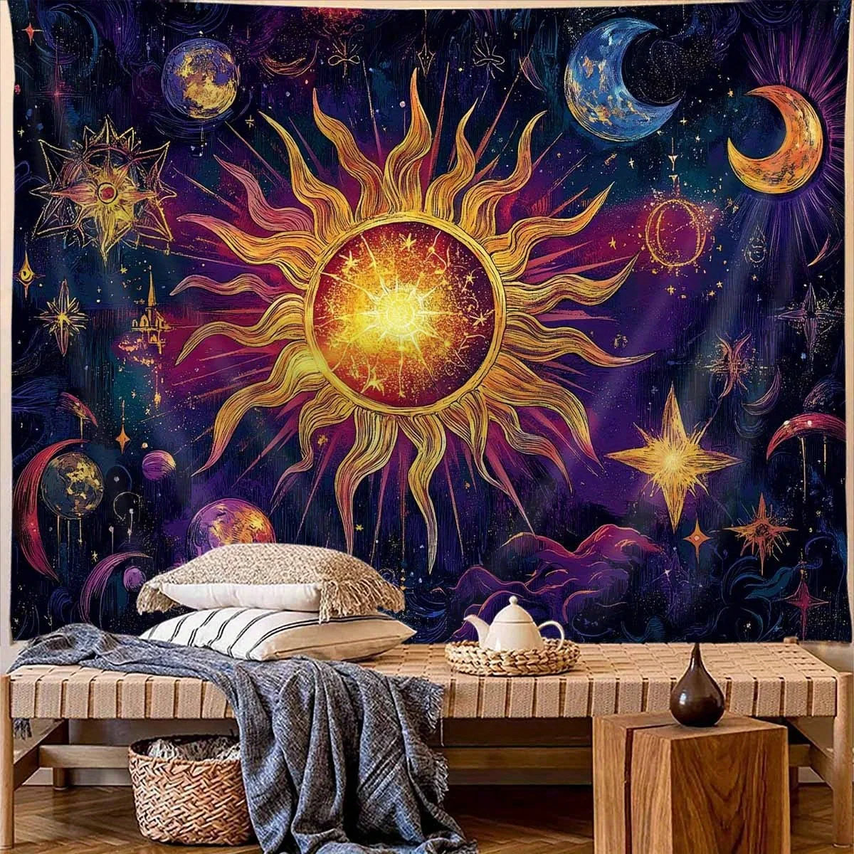 VIKAMA الكونية غالاكسي نسيج الذهبي الشمس كوكب القمر الجديد السماء المرصعة بالنجوم المؤثرات الخاصة الخيال العلمي موضوع ديكور غرفة نوم #3