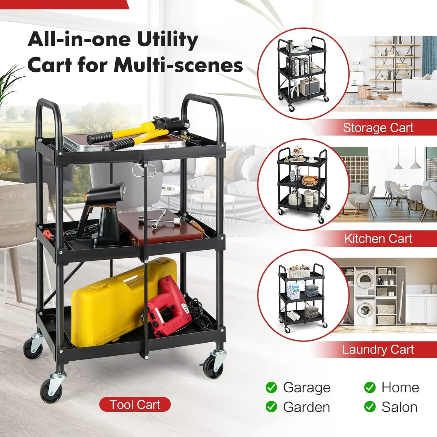 Collapsible Storage Tool Cart with Lockable Wheels & Handrails, Heavy-Duty Metal Frame Service Cart, Portable Rolling Cart for H