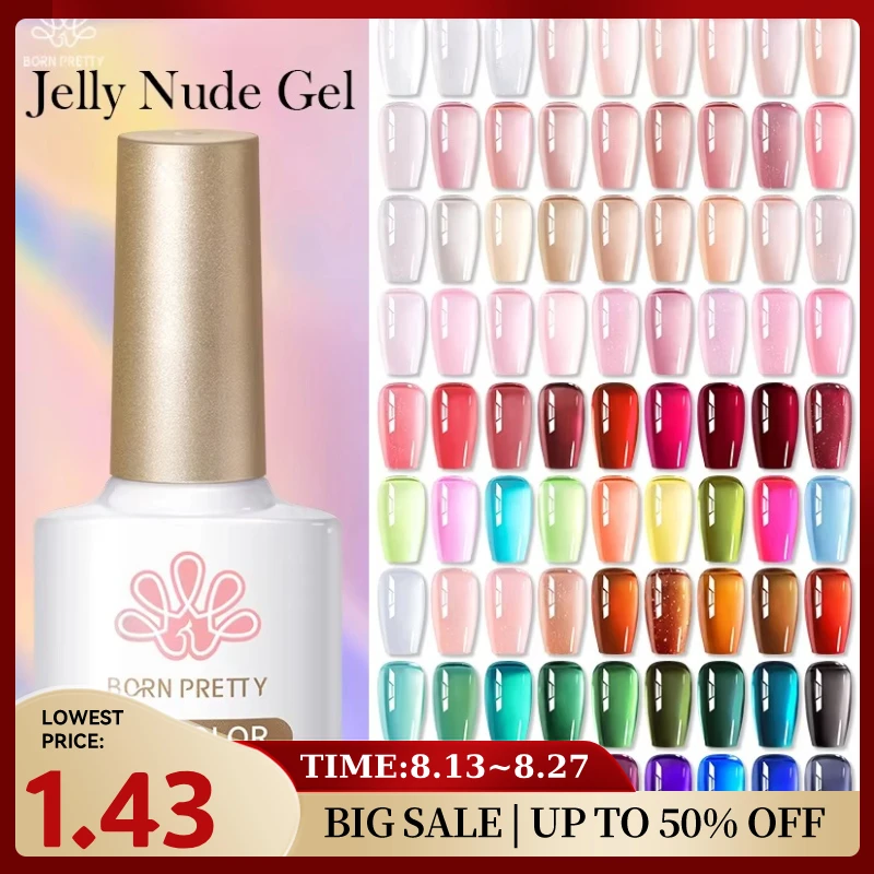 BORN PRETTY 10 ml Jelly Nude Gel-Nagellack, 50 Farben, halbtransparent, Nagelkunst-Nagelzubehör, Soak Off UV-LED-Nagellack für Nägel