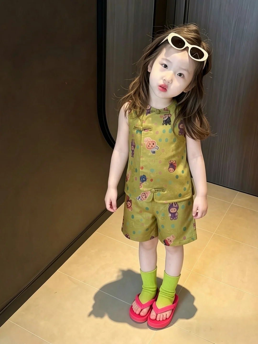 ensemble-d'ete-fin-de-style-chinois-pour-filles-gilet-et-short-a-pois-vert-dessin-anime-vetements-pour-enfants-tenues-pour-enfants-nouvelle-collection
