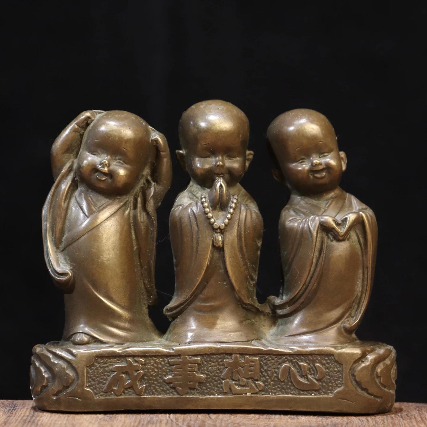 Old Brass Little Monk statue Three little novices May all your wishes come true Wenfang screen Worship Hall Town house