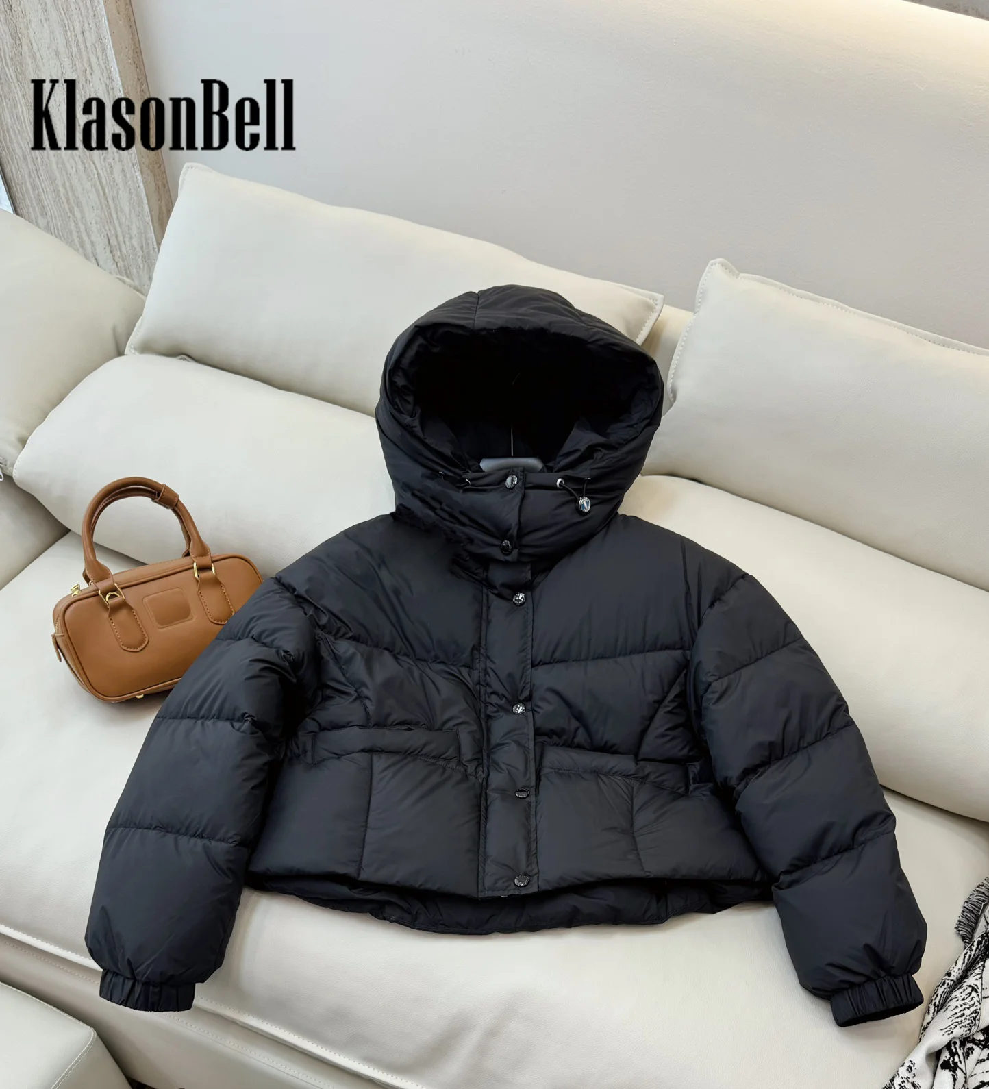 9.4 KlasonBell Women Fashion Drawstring Hat Detachable  White Goose Down Bread Jacket Double Pocket Elastic Cuff Down Coat