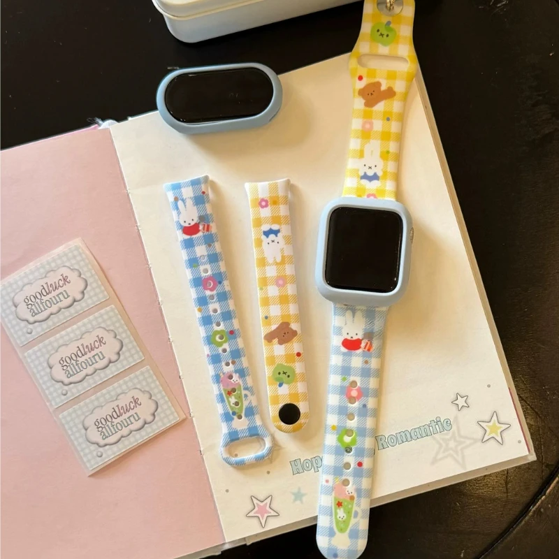 Miffy Kawaii Anime Plaid Miffy Cute Solid Color Silicone Apple Watch Strap for Appleiwatchs10 Fashion Simple Exquisite Versatile