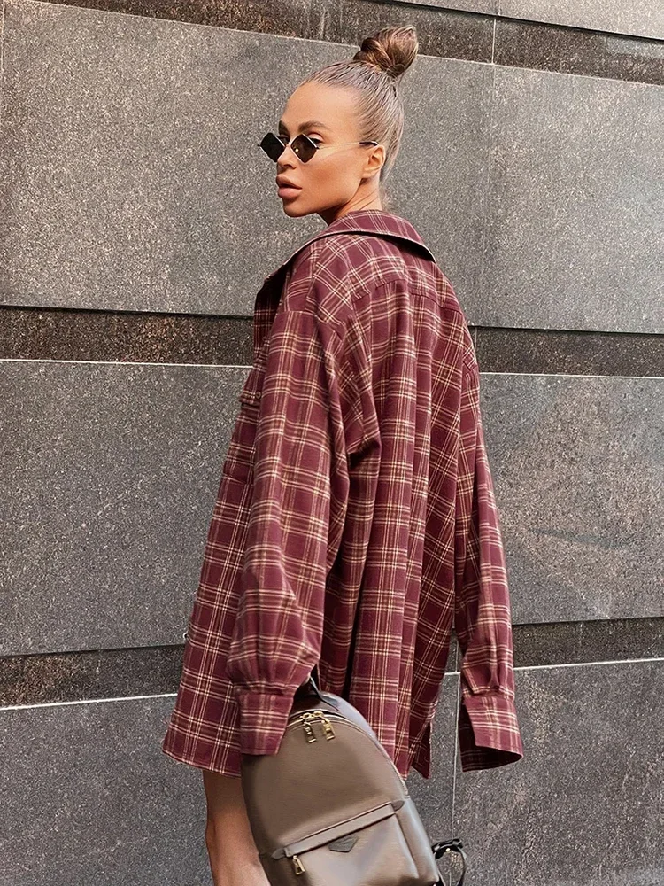 Mnealways18 Street Style Red Plaid Shirts Women Irregular Long Sleeves Oversized Blouses Autumn 2024 Loose Gingham Tops Trendy