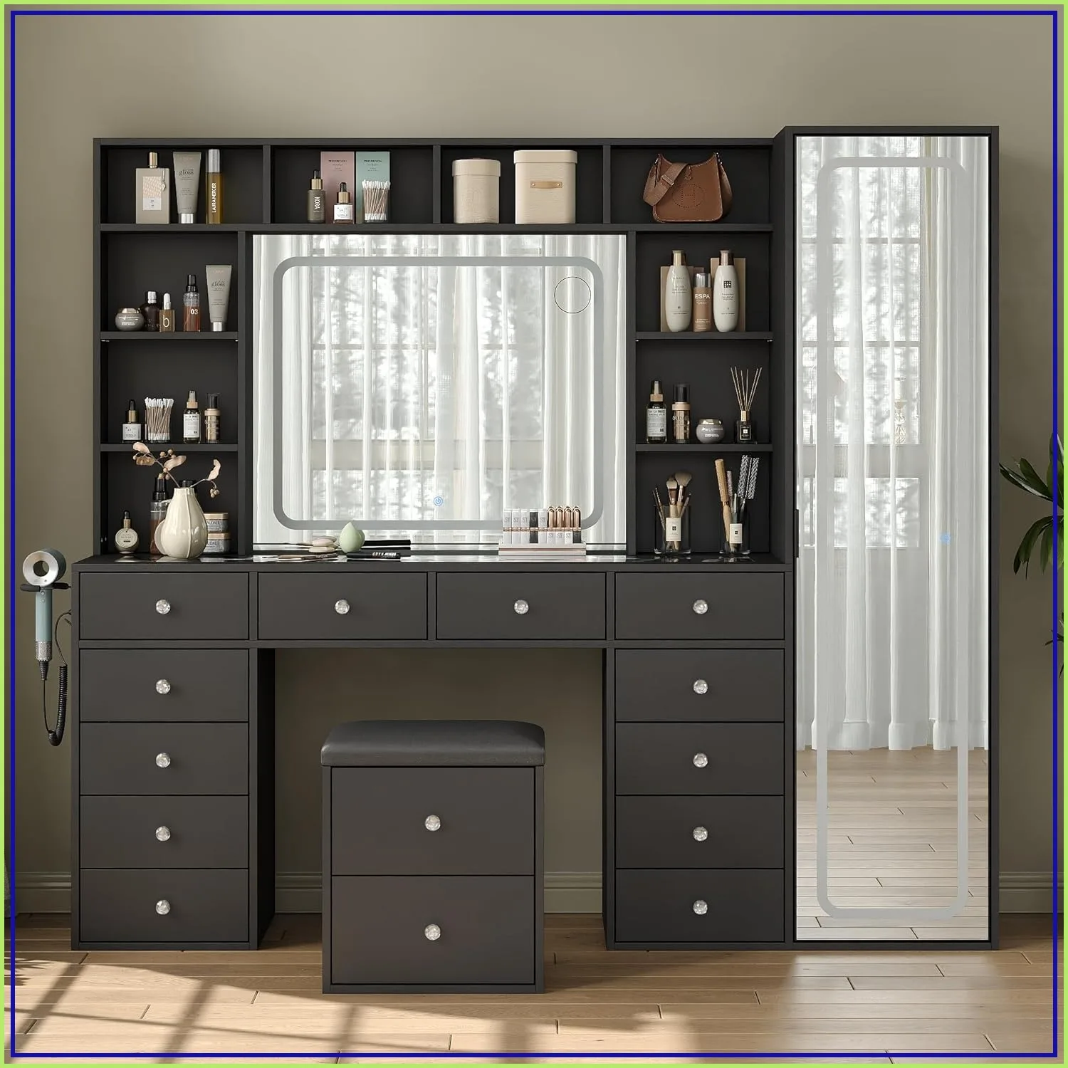 Factory Direct 2026 LED Vanity Desk Full Length Mirror 14 Drawers 10 Shelves Hidden Storage Dimmable 3 Color Lighting Dressing T