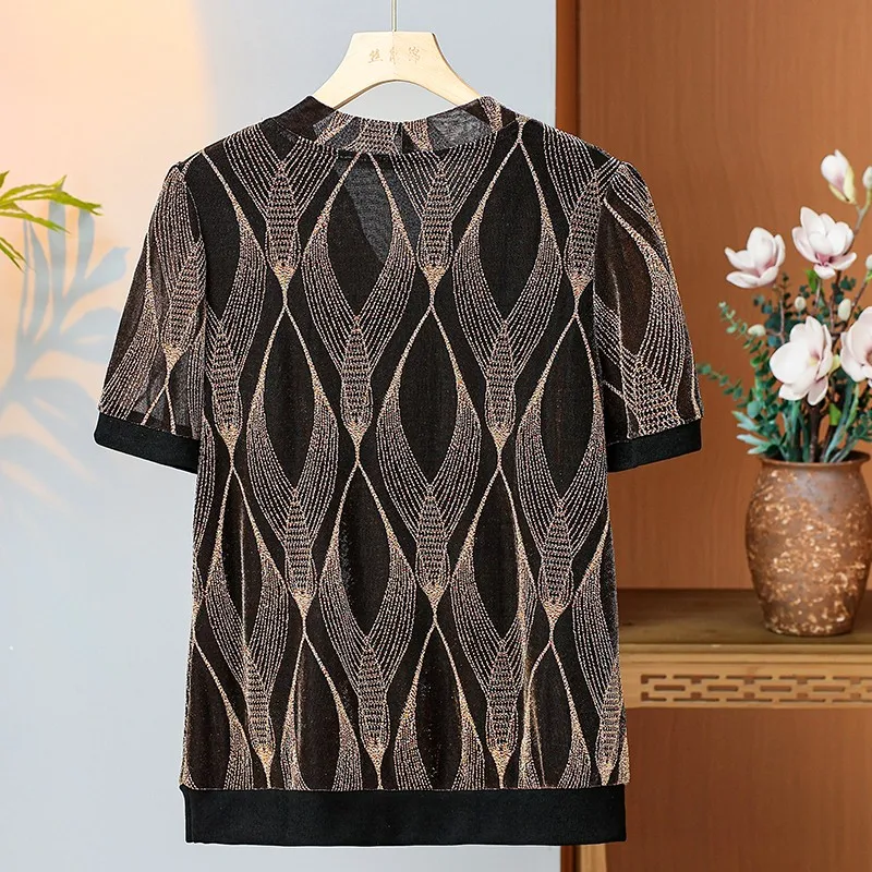 Female Clothing Wave Printed V-Neck Shirt Bandage Summer short sleeved Diamonds Chic Pearl Three-dimensional Decoration Blouse