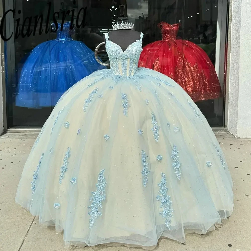 Abiti da Quinceanera con cinturino per Spaghetti blu chiaro abito da ballo Sweetheart Appliques principessa in pizzo per dolce 15 compleanno