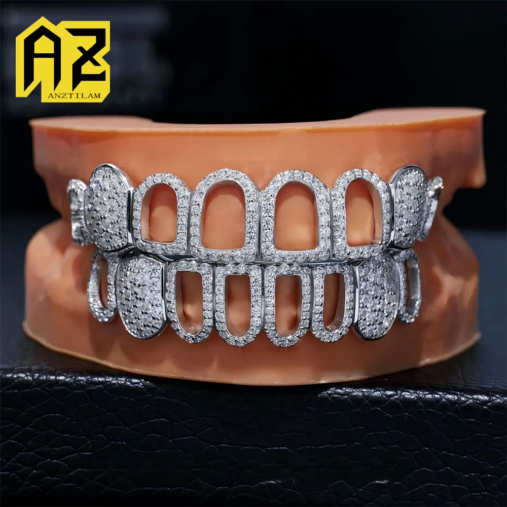 Anztilam Grills Hollow Out Iced Out Grillz Full Zircon Tooth Shine Grill Men Women Hip Hop Tooth Grills Caps Brass Jewelry