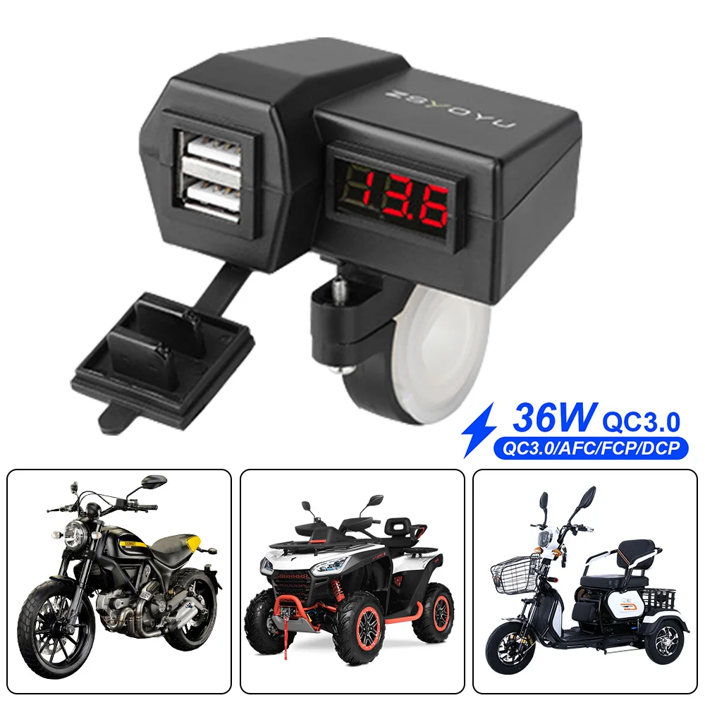 

With 25A Fuse 12-24V Motorcycle USB Chargers With Voltmeter Waterproof Cover 5V 3.6A Quick Charge 3.0 Dual Ports Splitter