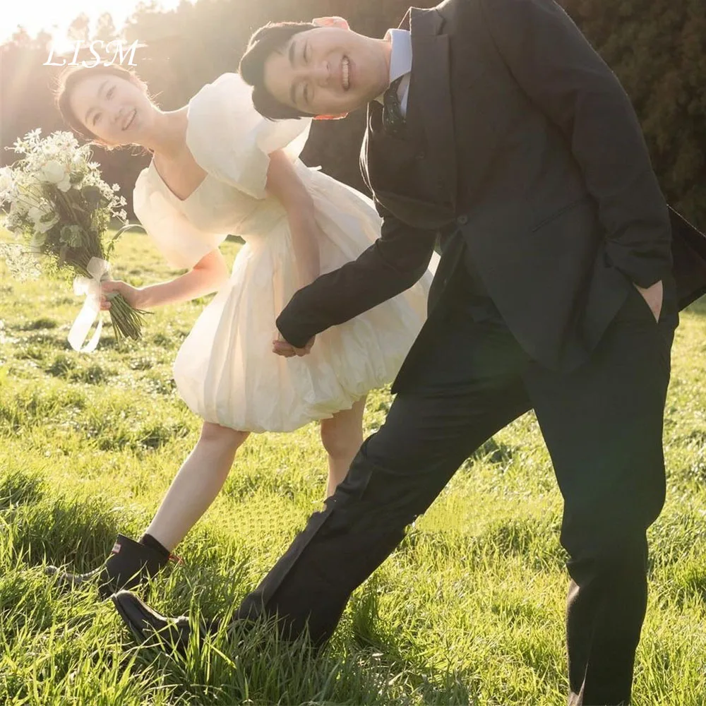 

LISM Korea Ivory Square Collar Evening Dresses 웨딩드레스 A-Line Short Sleeves Short Taffeta Customized Prom Gowns Plus Size