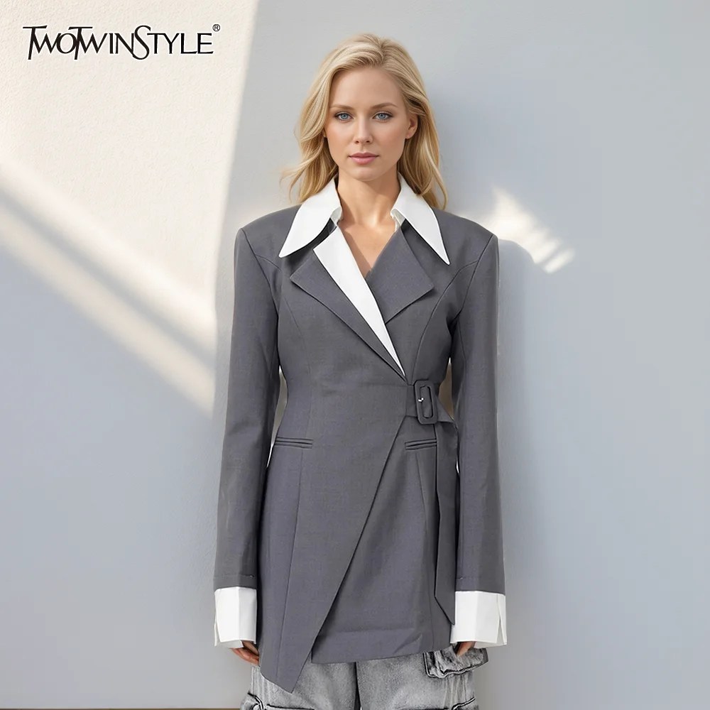 TWOTWINSTYLE Elegant Casual Spliced Belt Blazer For Women Notched Collar Long Sleeve Patchwork Pocket Colorblock Blazers Female
