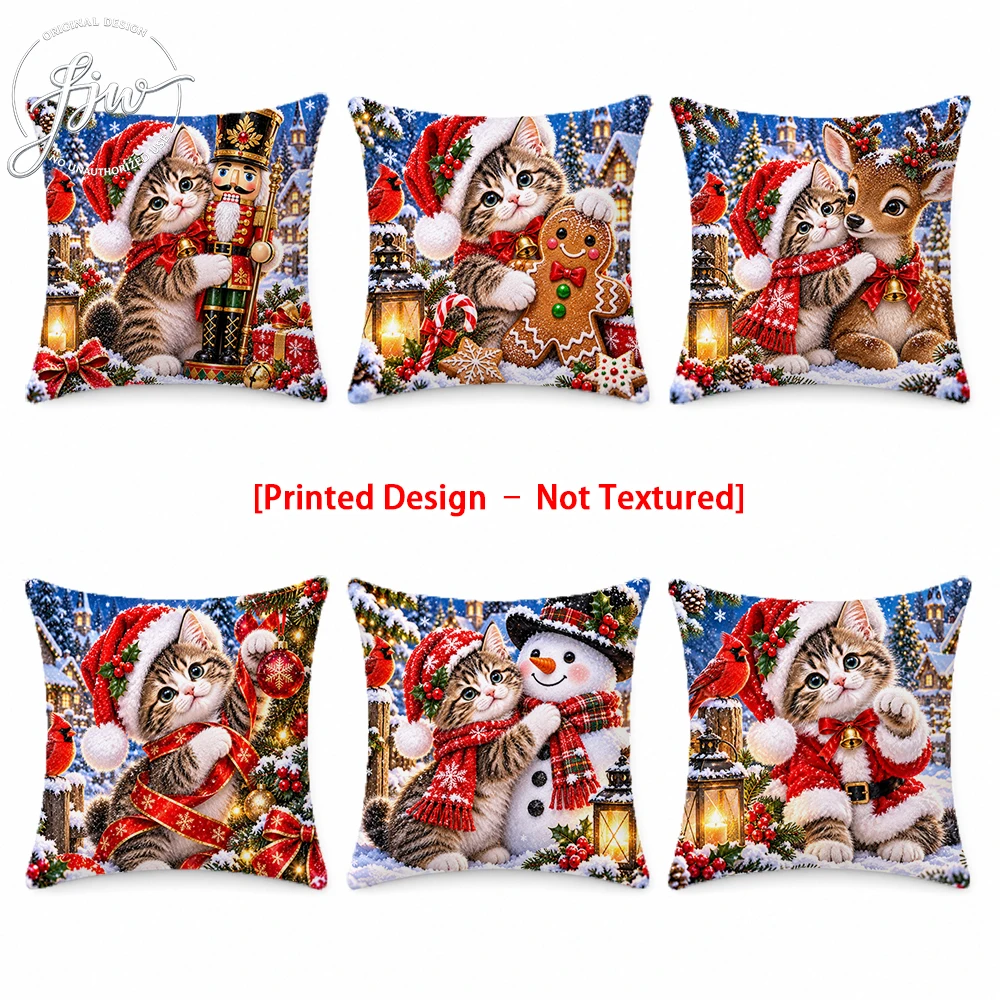 6pc Christmas Cute Kitten Throw Pillow Covers, Set of 6 Winter Holiday Festive Decorative Pillow Cases for Sofa Couch Bed