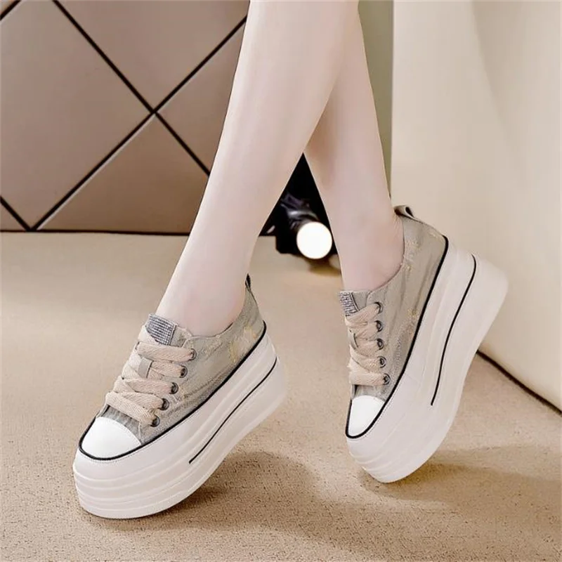 6cm canvas Genuine Leather Platform Sneakers Wedge Super High Heel Women Casual Shoes Chunky Rhinestone Vulcanized shoes 33 40