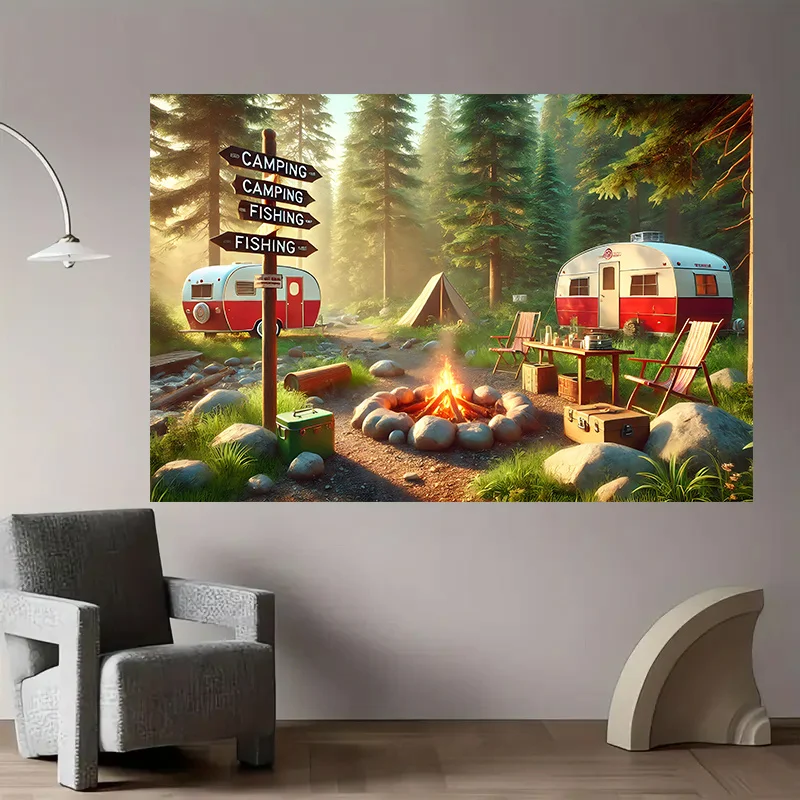 Camping RV Trailer Tapestry Outdoor Adventure Decor Forest Campfire Sign Fishing Nature Scenery Man Cave Garage Wall Art Poster
