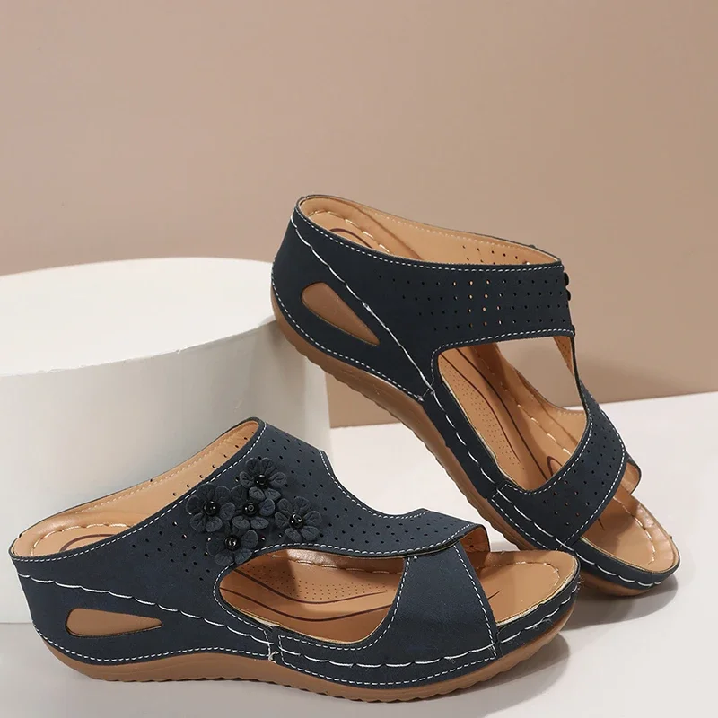 Sandalias  tacón Retro para Mujer, zapatos de cuña sin cordones, zapatillas de tacón suave para interiores y exteriores, 2024