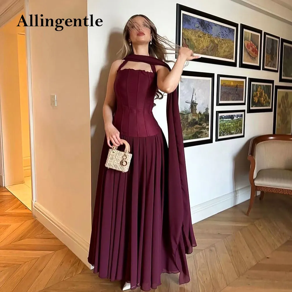 

Burgundy Halter Chiffon Prom Dress Sleeveless Ribbons Elegant Saudi Arabic A Line Evening Dresses Draped for Women Customized