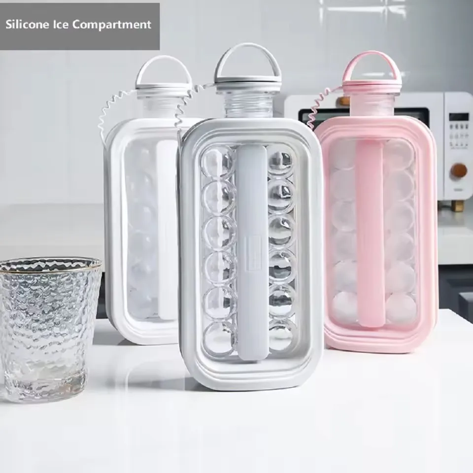 علبة مكعبات الثلج 2 في 1 المحمولة عفريت صنع زجاجة ماء مع 17 شبكة غطاء مسطح تبريد المصاصة/قوالب مكعبات الثلج كرة الثلج
