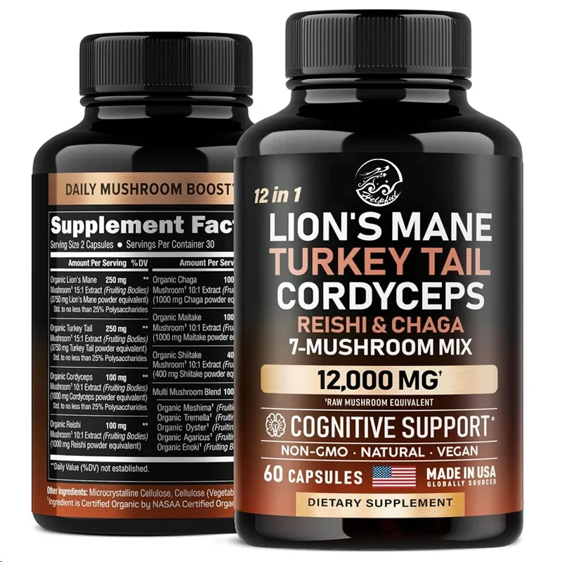 

Органический хвост индейки Lion Mane, Cordyceps sinensis, Ganoderma lucidum, гриб и устрица 12 в 1, комплекс 12 000 мг, 60 капсул