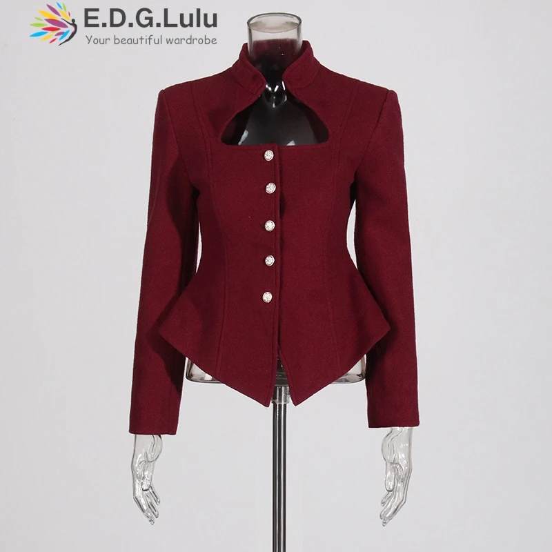 EDGLuLu French Retro Collar Single Breasted Red Blouse Woman Casual Fashion Tailored Irregular Top 2024 Autumn New 1028