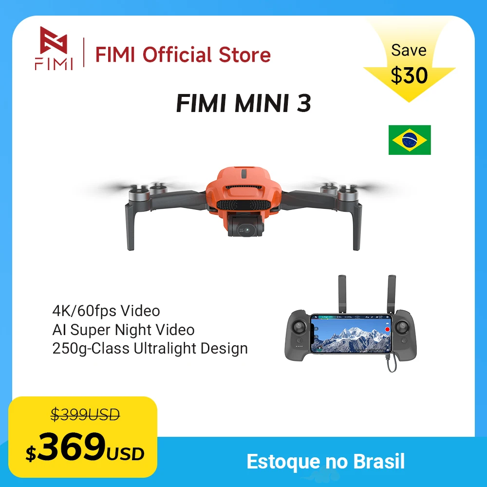 FIMI MINI 3 245g com câmera 4K, vídeo HDR, gimbal mecânico de 3 eixos, alcance de voo de 9KM, GPS, drone RC dobrável, quadricóptero RTF