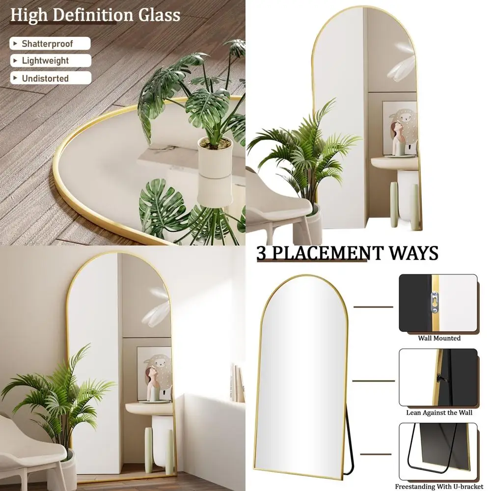 Arched 65 Full-Length Gold Floor Mirror with Stand, Ideal for Living Room or Bedroom, Wall-Mount or Leaning