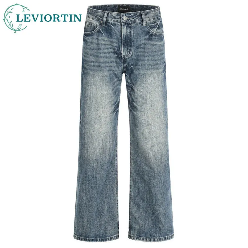 جينز كلاسيكي أمريكي للرجال للربيع والخريف، سروال كاجوال فضفاض ومغسول باللون الأبيض المصقول في الشارع