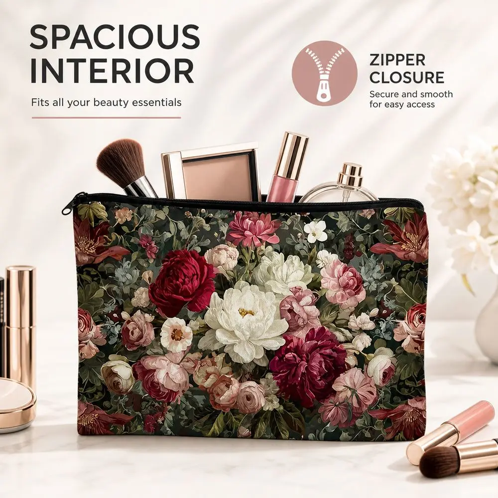 Zipper Closure Makeup Bag Printed Pattern Rectangular Shape Cosmetic Bag Portable Wide Storage Space Toiletry Bag