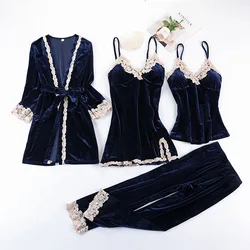 Sexy Female 4PCS Robe Set Velour Lace Bathrobe Women Kimono Bath Gown Loose Sleepwear Nightwear Bridesmaid Robes Suit Homewear