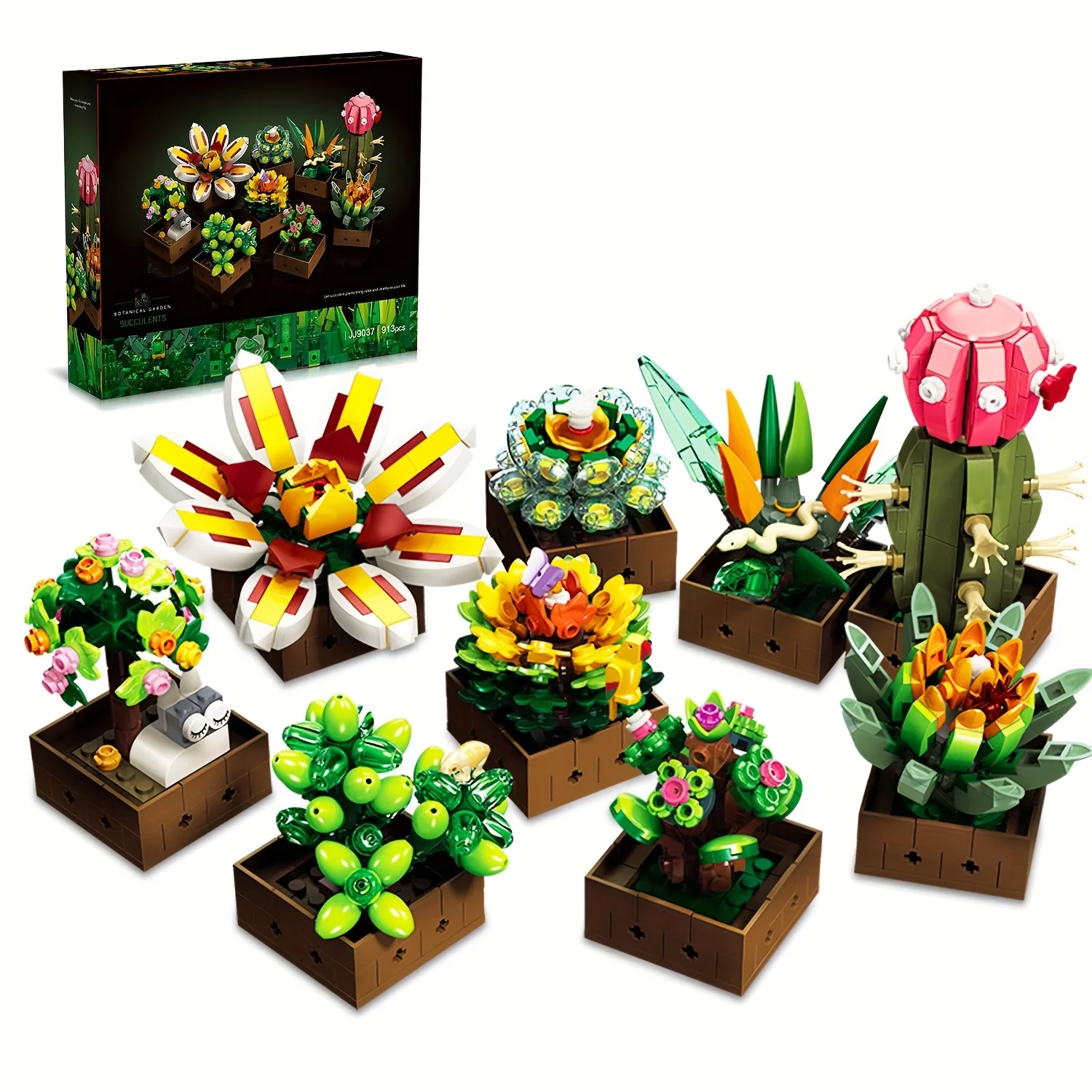 913 Pcs Succulents Kit - Gift Idea Flower Building Block Botanical Collection, 9-Pack Tropical Plants Bonsai House Office Décor