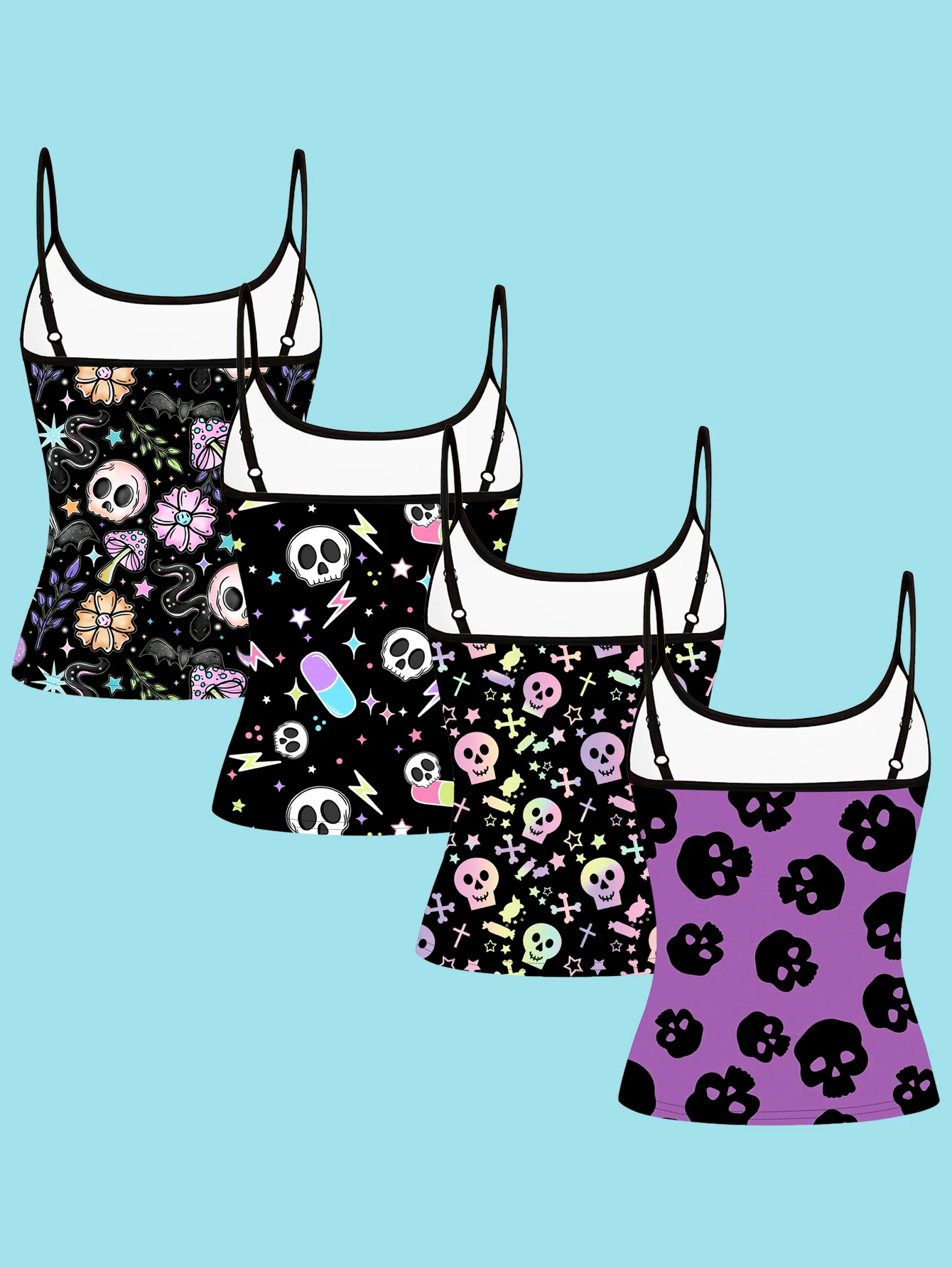 4-Piece Set of Sweet and Cool Colorful Skull Print Camisoles for Women Y2K Cartoon Mushroom Bat Star Pill Slim-Fit Spaghetti Strap Tops