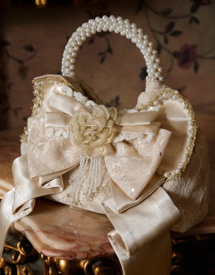 

Japanese Original Retro Lolita Bag Kawaii Lace Bow Pearl Tassel Decorative Handbag Elegant Sweet Cool Satin Christmas Party Bag