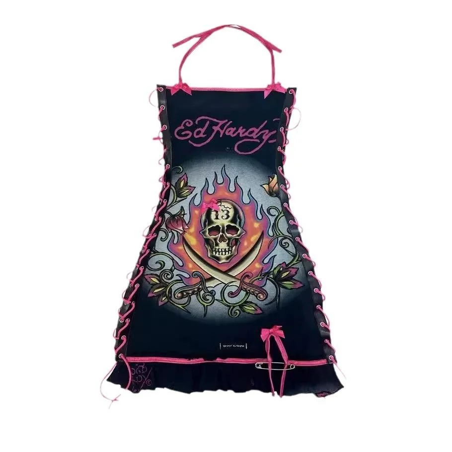Retro Halloween Skeleton Print Oil Painting Off-Shoulder Drawstring Strapless Dress Dark Style 3D Element Women's Vest Dress