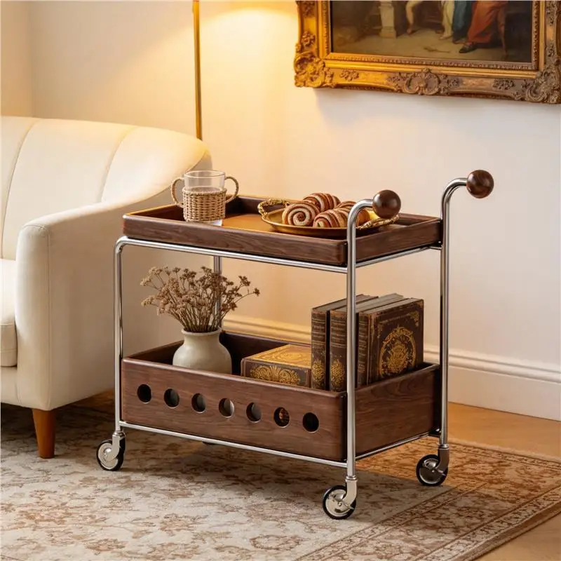 Medieval Style Snack Trolley Rack, Living Room Sofa Coffee Table Side Cabinet, Retro Dining Car Floor Layered Storage Rack