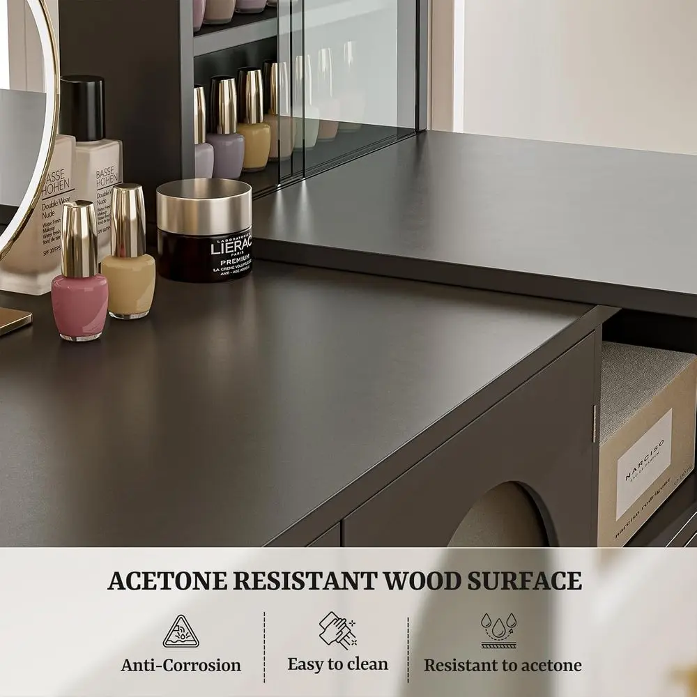 مكتب فني أظافر حديث على شكل حرف L مع مساحة تخزين، محطة عمل لصالونات التجميل باللون الأسود