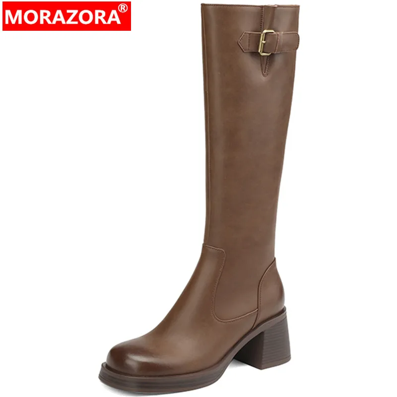 

MORAZORA 2024 New Arrive Zipper Knee High Platform Boots Thick High Heels Shoes Ladies Genuine Leather Women Boots