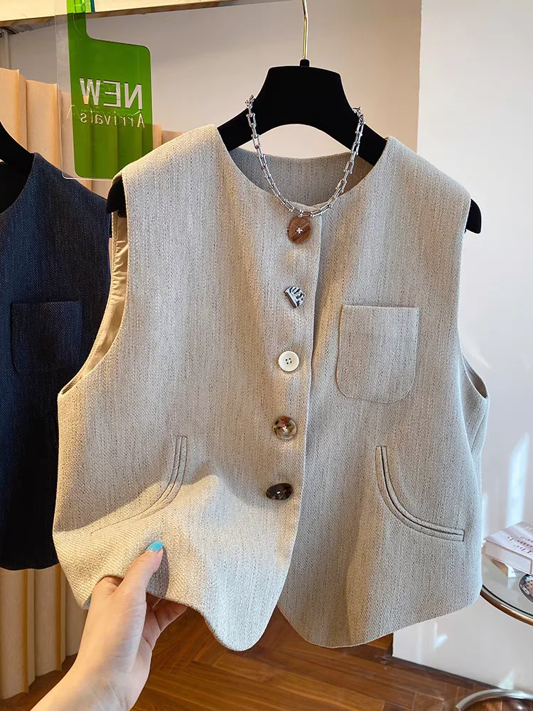 Elegant Linen Suit Vest Women's Spring Autumn Sleeveless Fashionable Outerwear round Neck Single Button Closure  Color