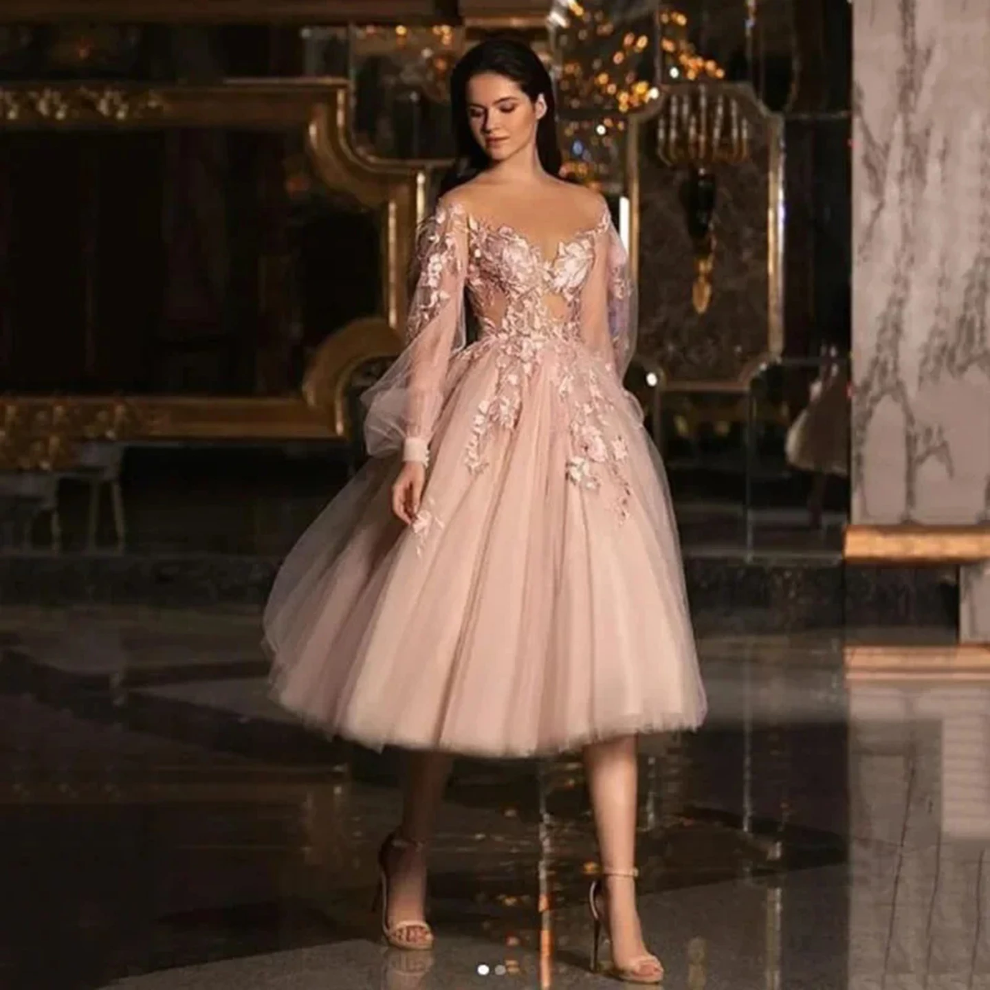 

Прозрачное платье для выпускного вечера с открытыми плечами, тюлевое вечернее платье с цветочной вышивкой, длиной миди, вечернее платье, элегантное платье